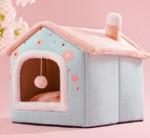 Foldable Dog House Pet Cat Bed Winter Dog Villa Sleep Kennel Removable Nest Warm Enclosed Cave Sofa Pets Supplies (Option: Romantic cherry blossom-Small)